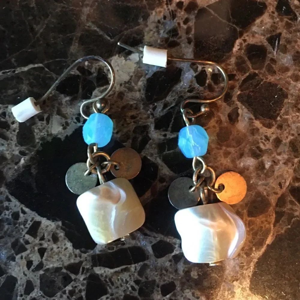 HANGING BLUE & White Pearl Stone Earrings
